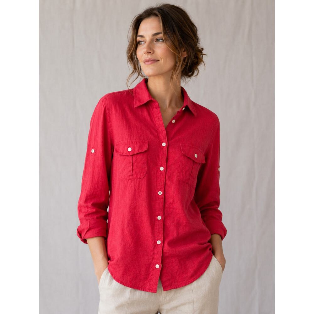 Lands' End 100% Linen Button Front Shirt Hot Pink Roll Tab Sleeve Plus 1X